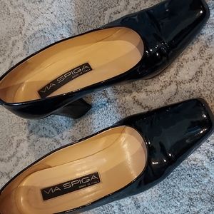 Black patent leather stack heels